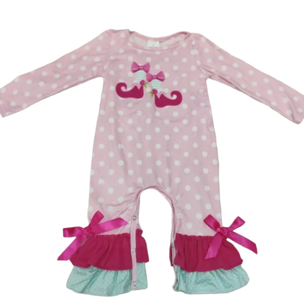 HOST PICK Romper Christmas polka dots stocking design satin bows on legs 2T NWOT